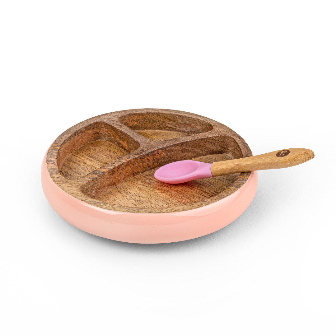 Wooden Round Plate With Silicone Suction And Spoon – Pink