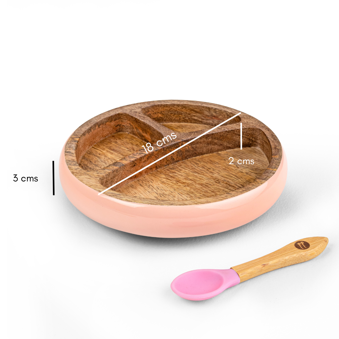 Wooden Round Plate With Silicone Suction And Spoon – Pink