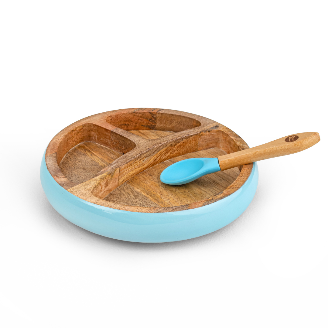 Wooden Round Plate With Silicone Suction And Spoon – Blue