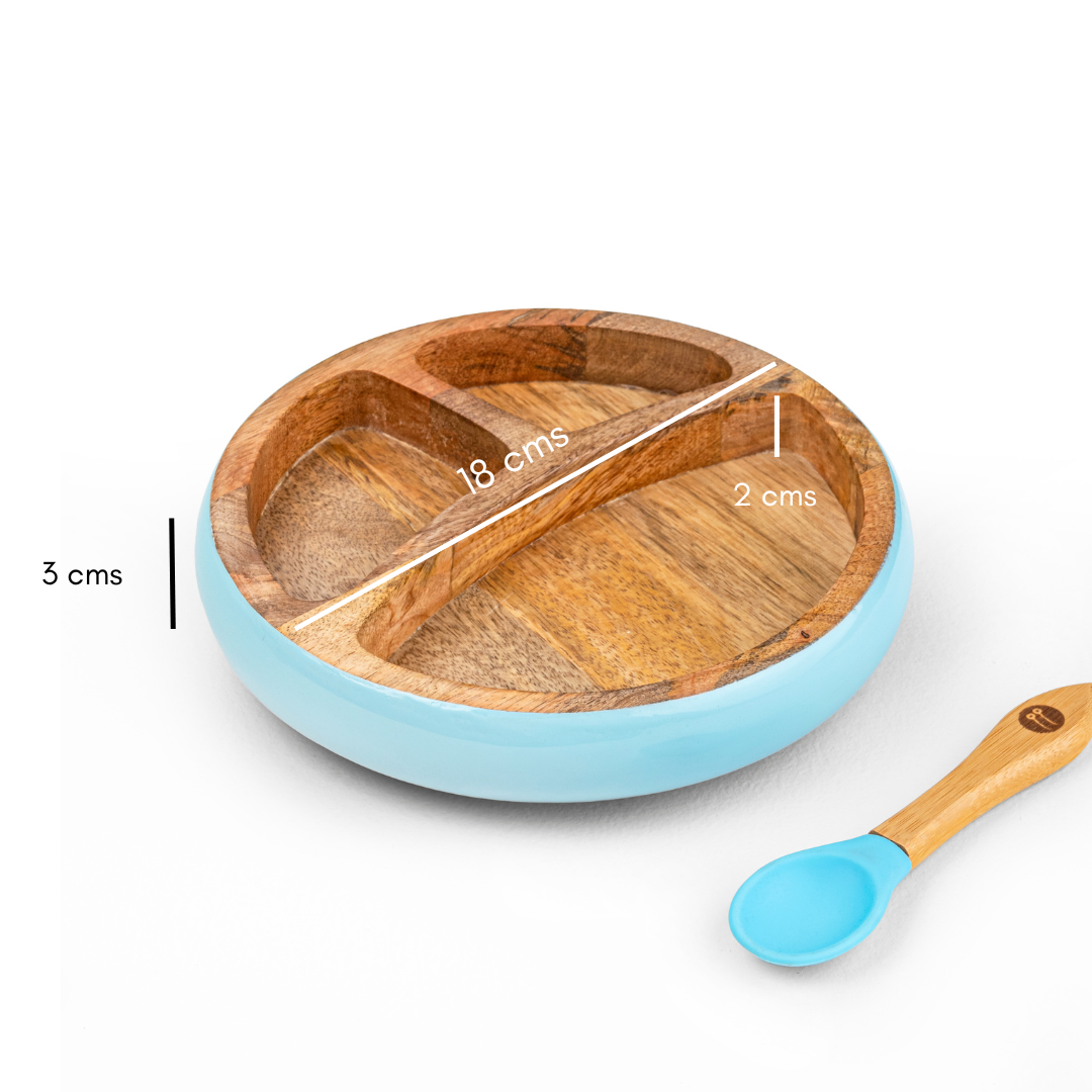 Wooden Round Plate With Silicone Suction And Spoon – Blue