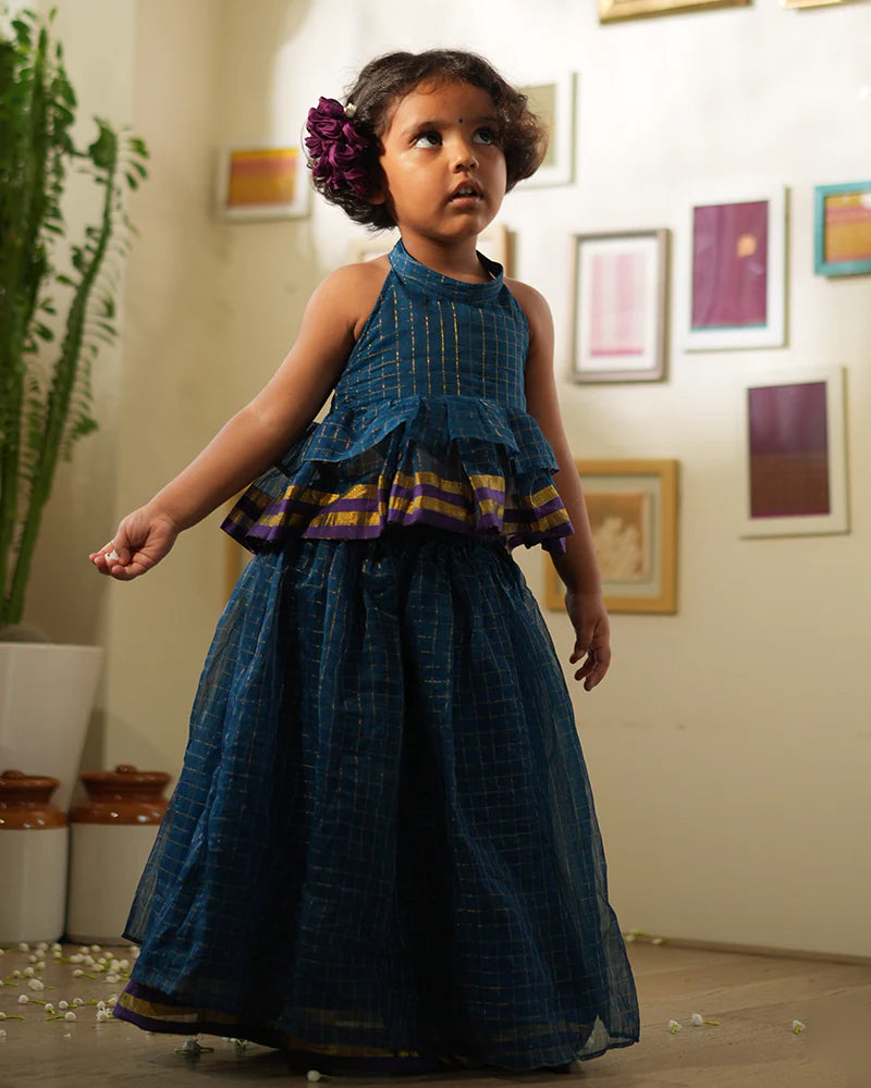 Aparajita lehenga set in blue gold checks