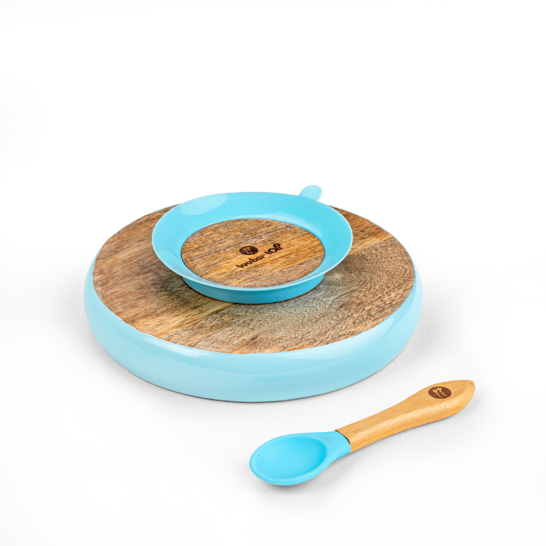Wooden Round Plate With Silicone Suction And Spoon – Blue