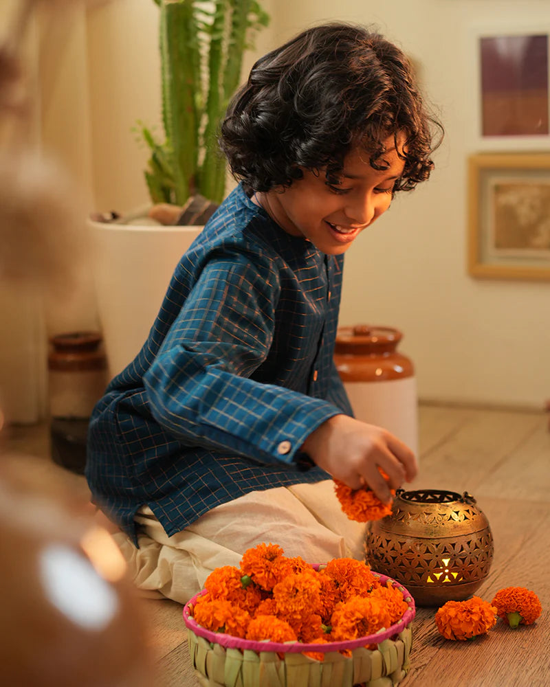 APARAJITA festive kurta in blue gold checks