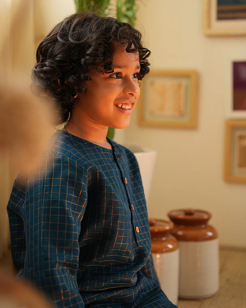 APARAJITA festive kurta in blue gold checks