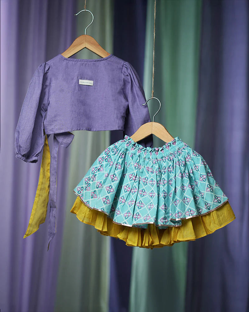Mosaic magic Girls Ethnic wear Wrap Top & 3/4 Lehenga Skirt