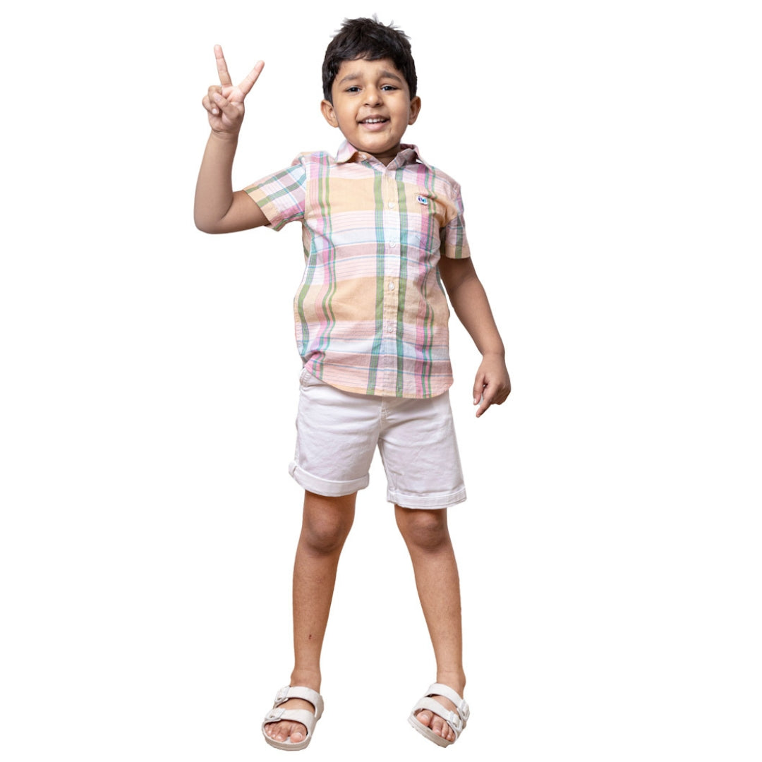Boys Peach Madras Checks Cotton Shirt