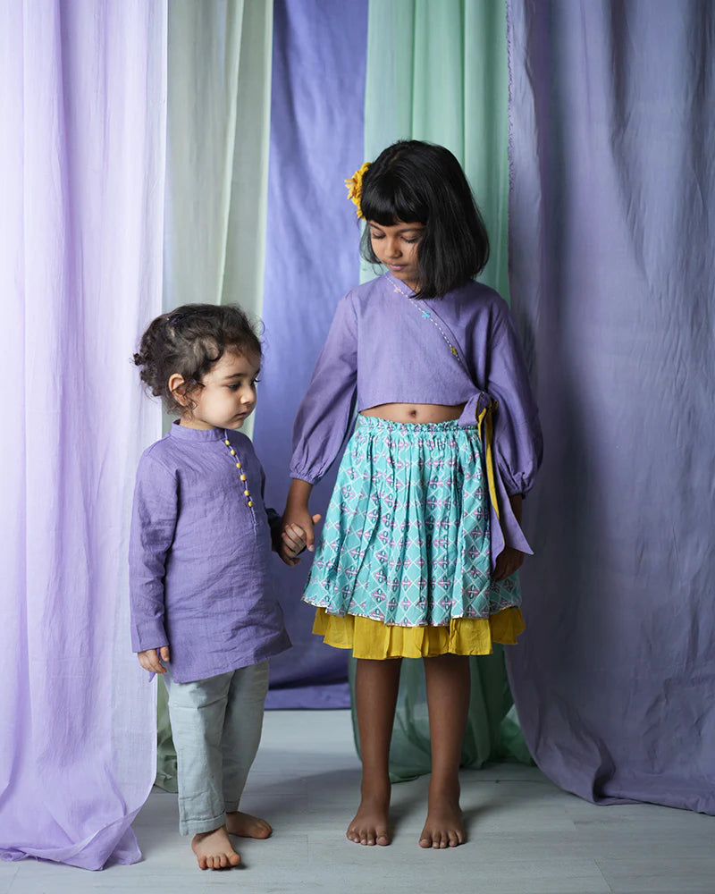 Mosaic magic Girls Ethnic wear Wrap Top & 3/4 Lehenga Skirt