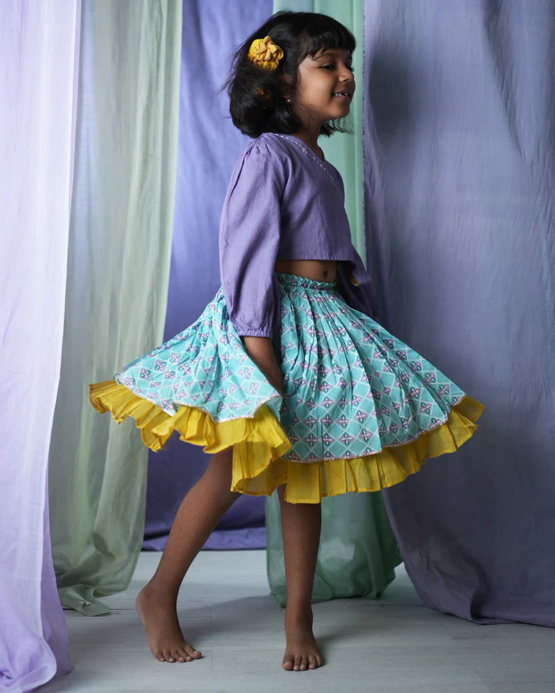 Mosaic magic Girls Ethnic wear Wrap Top & 3/4 Lehenga Skirt