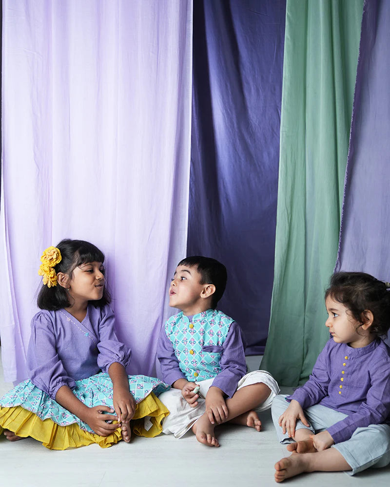 Mosaic magic Girls Ethnic wear Wrap Top & 3/4 Lehenga Skirt