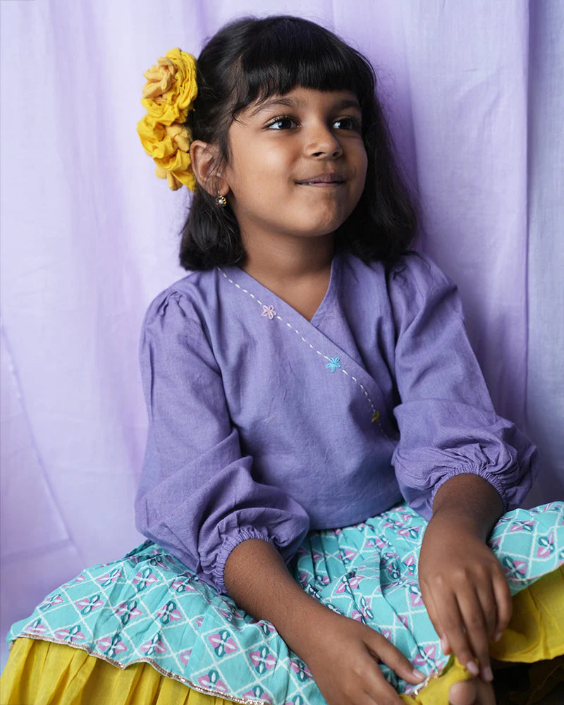 Mosaic magic Girls Ethnic wear Wrap Top & 3/4 Lehenga Skirt