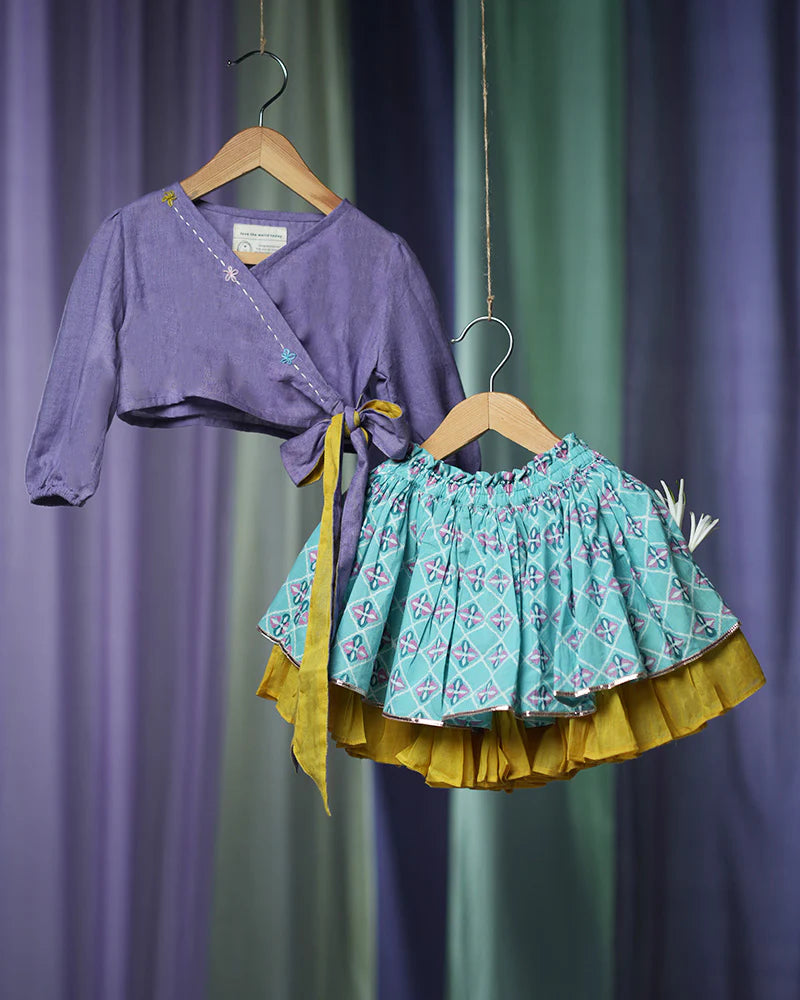 Mosaic magic Girls Ethnic wear Wrap Top & 3/4 Lehenga Skirt