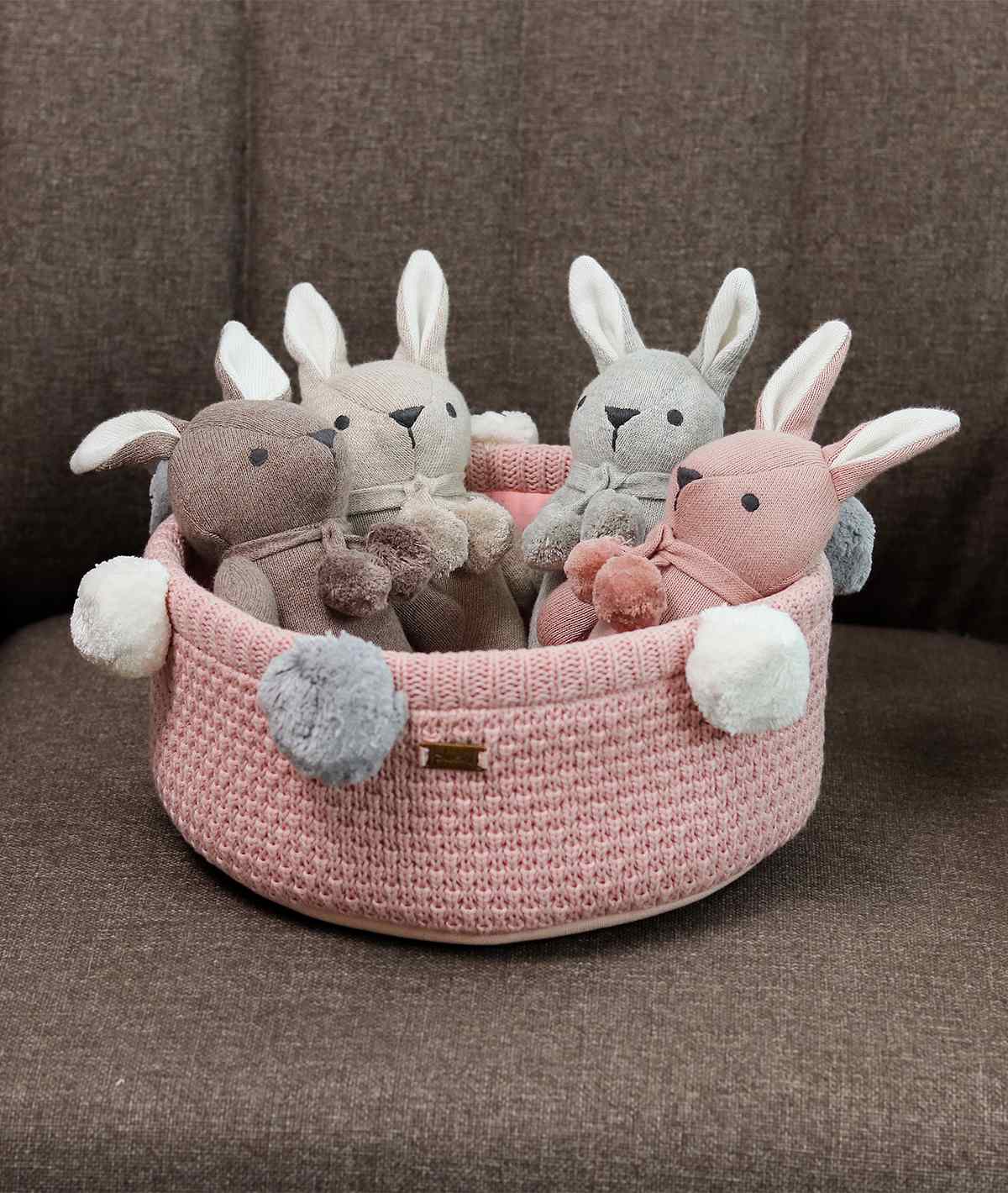 Toto Bear Cotton Knitted Stuffed Soft Rattle Toy (Pink Melange & Natural)