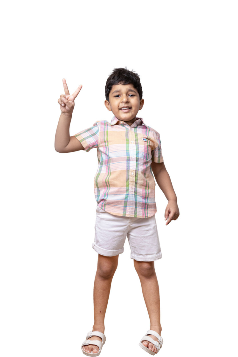 Boys Peach Madras Checks Cotton Shirt