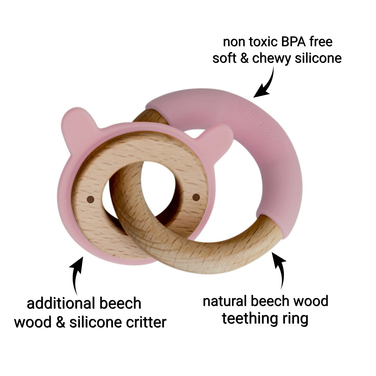 Wood + Silicone Disc & Ring Teether -Pink Rabbit