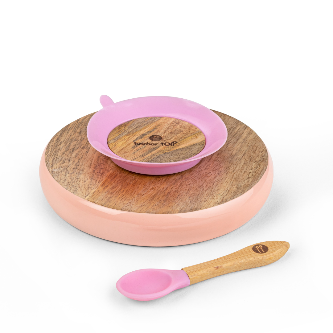 Wooden Round Plate With Silicone Suction And Spoon – Pink
