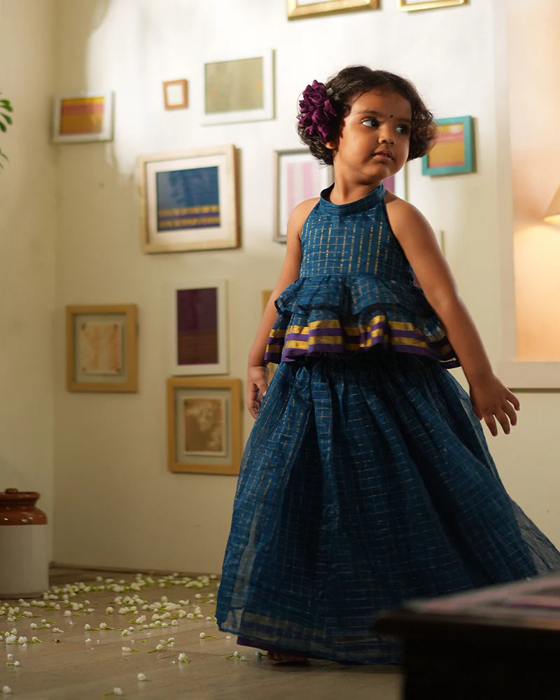 Aparajita lehenga set in blue gold checks