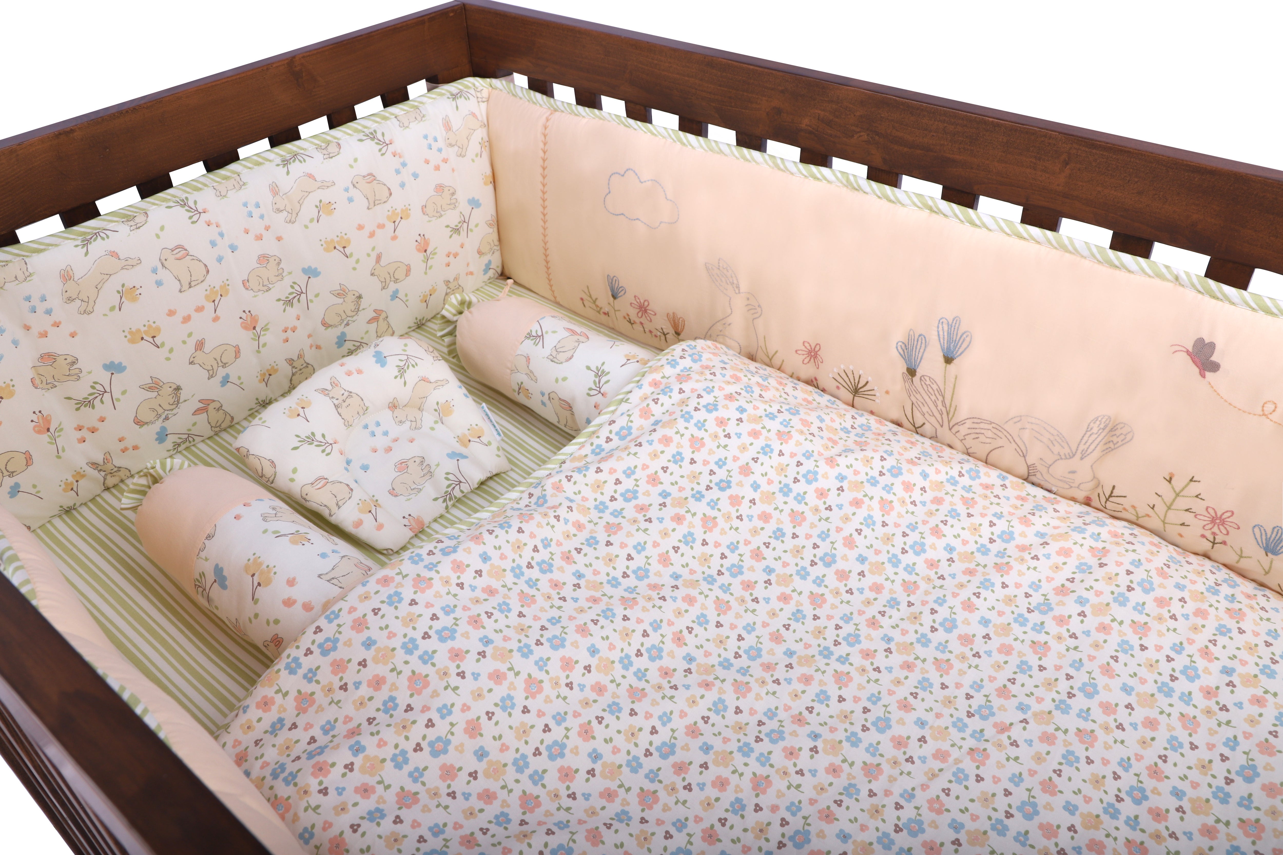 6 PIECE COT BEDDING SET - BUNNY GARDEN