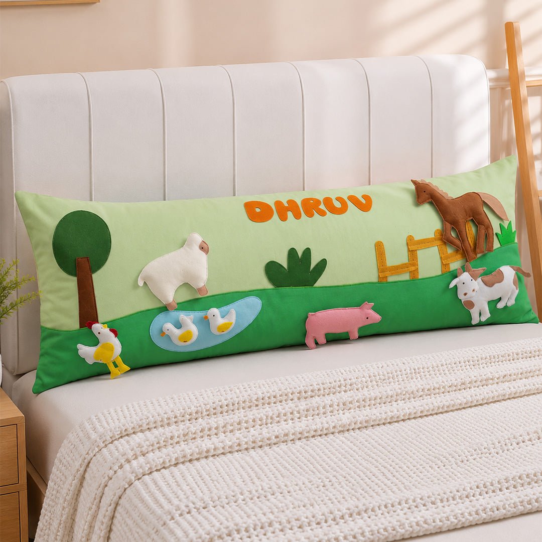 Farm Animal Green Long Cushion Cover With Pop-Ups
