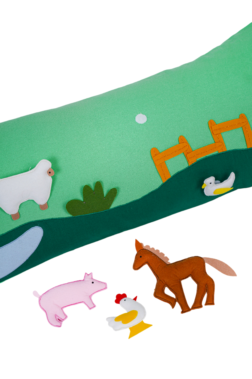 Farm Animal Green Long Cushion Cover With Pop-Ups