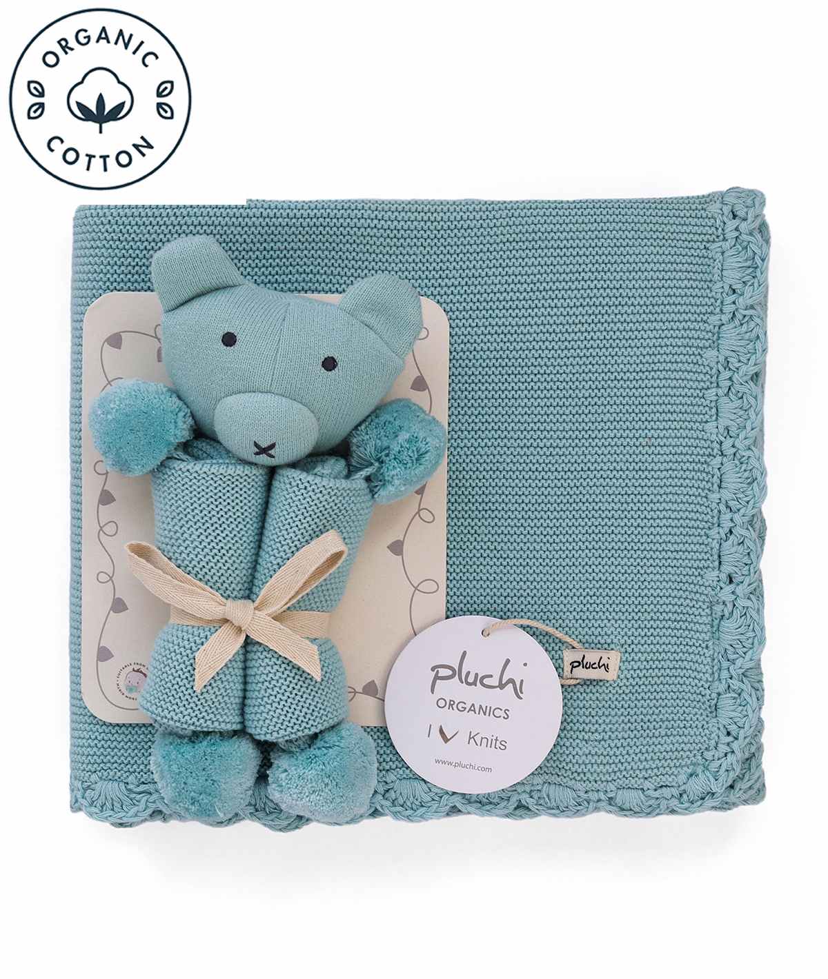 Teddy Bear- Baby Blue Cotton Knitted Gift Bundle  (Set of 2)