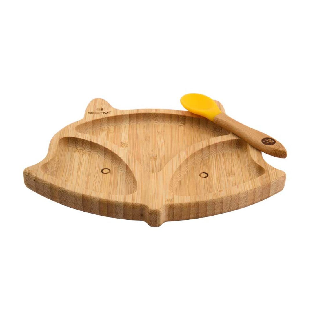 Bamboo Fox Plate With Silicone Suction + Spoon - Yellow