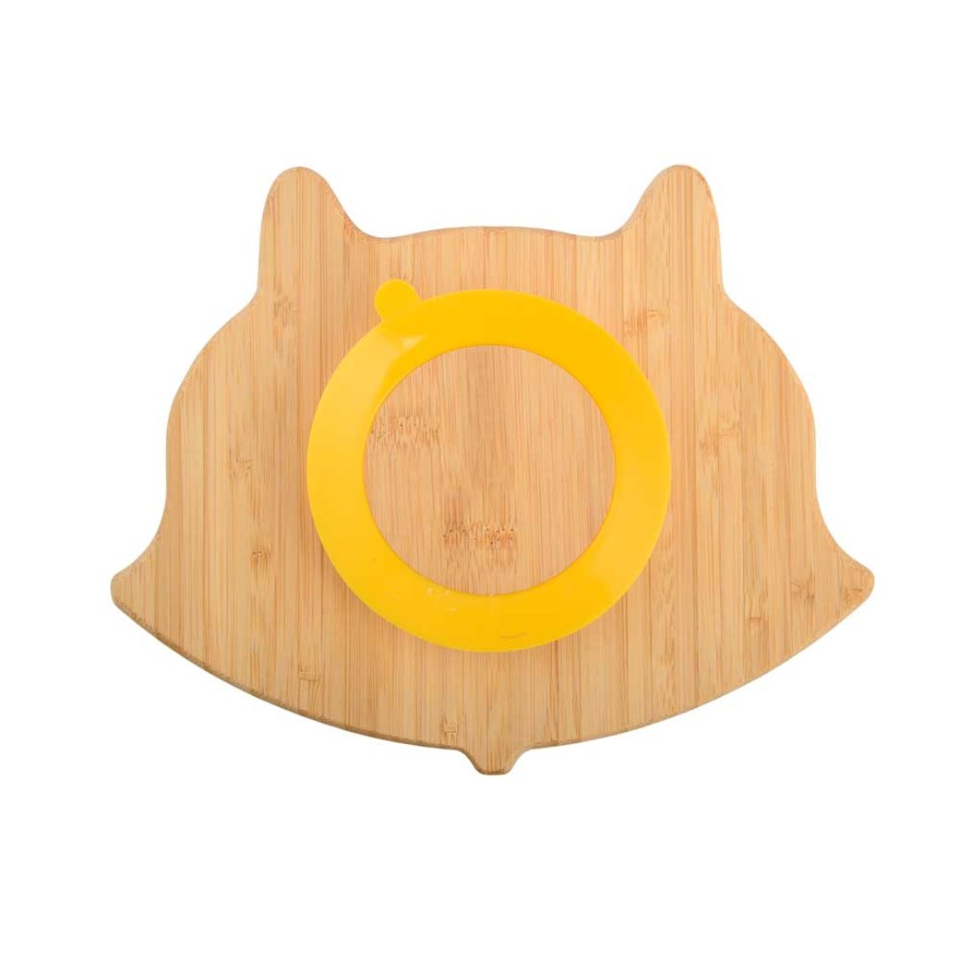 Bamboo Fox Plate With Silicone Suction + Spoon - Yellow