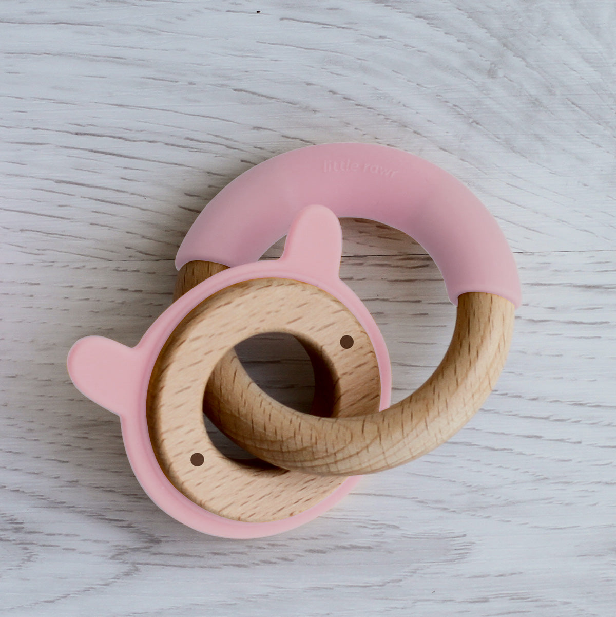 Wood + Silicone Disc & Ring Teether -Pink Rabbit