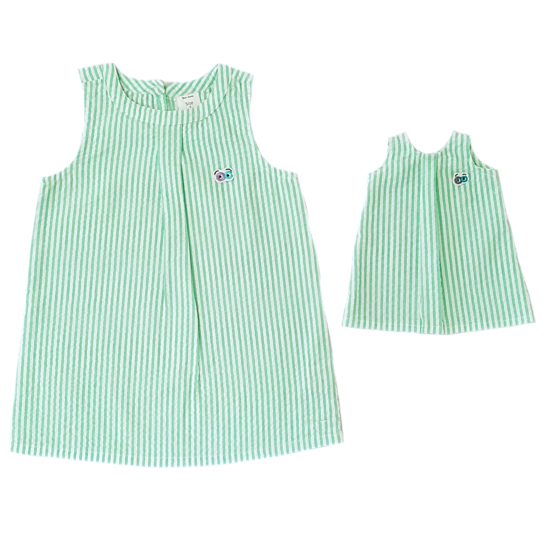 Doll's Green Striped Seer Sucker Dress